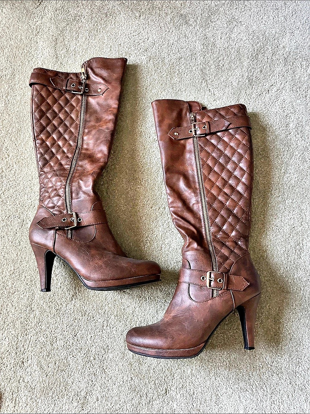 Forever Quilted Heeled Knee High Boots in Brown US 8.5